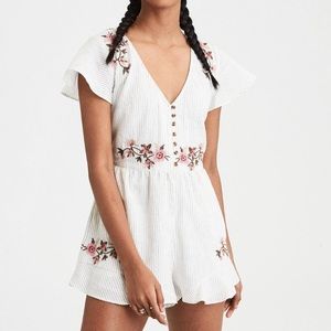 American Eagle White Stripe Embroidered Romper